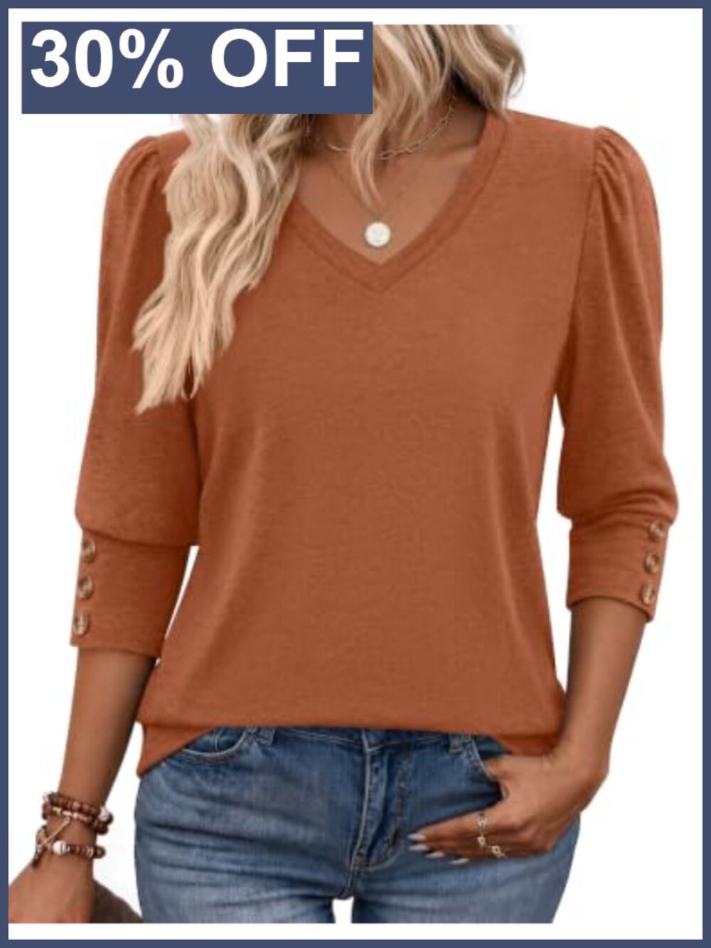 Women's 3/4 Sleeve V-Neck Button Blouse Puff Sleeve Dressy Casual Top